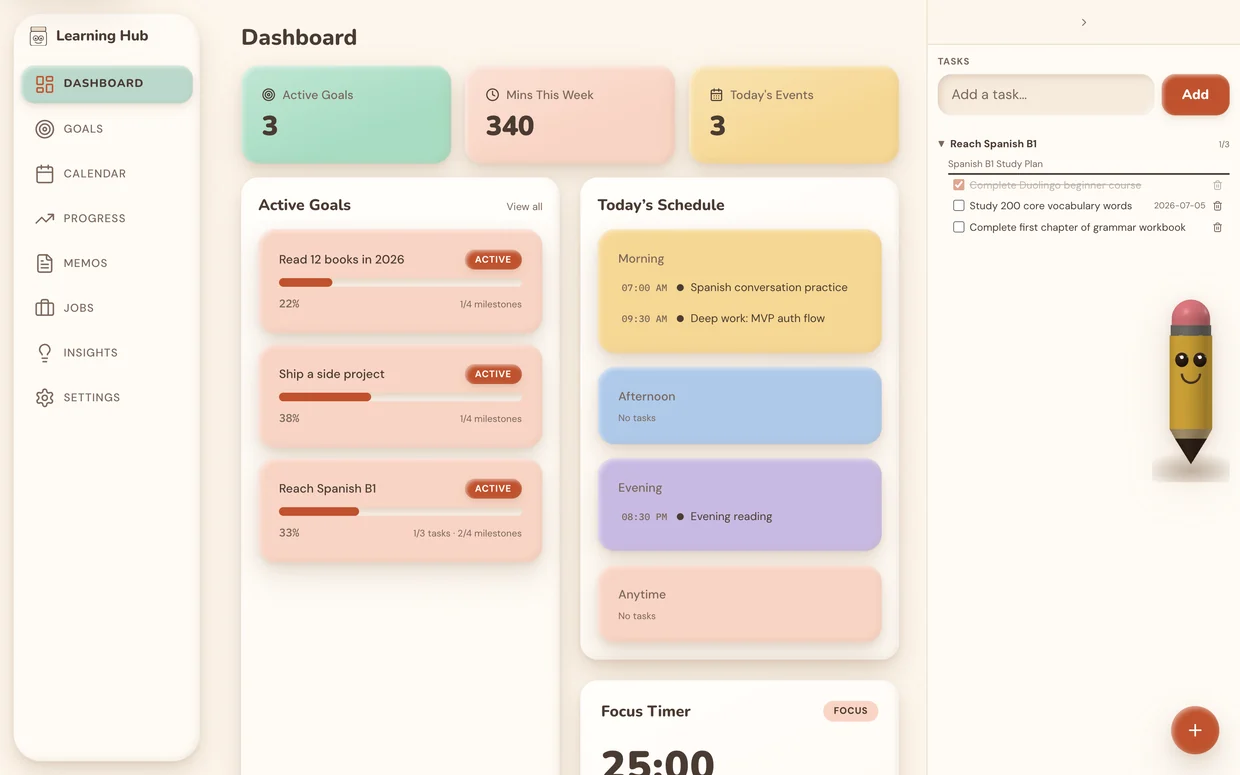 Screenshot of the web app: the Dashboard, with a left sidebar (Dashboard, Goals, Calendar, Progress, Memos, Jobs, Insights, Settings), three stat tiles — Active Goals 3, Mins This Week 340, Today's Events 3 — Active Goals cards with progress bars (“Read 12 books in 2026”, “Ship a side project”, “Reach Spanish B1”), a Today's Schedule list, a Tasks panel with a Spanish B1 study plan, and a focus timer.