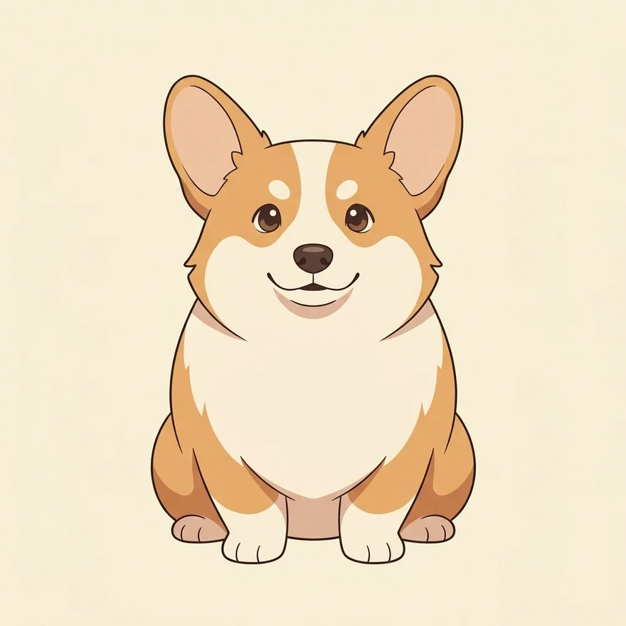 The corgi, round-bodied with large ears, sitting and facing the screen — flat, warm-toned character art on a cream background.