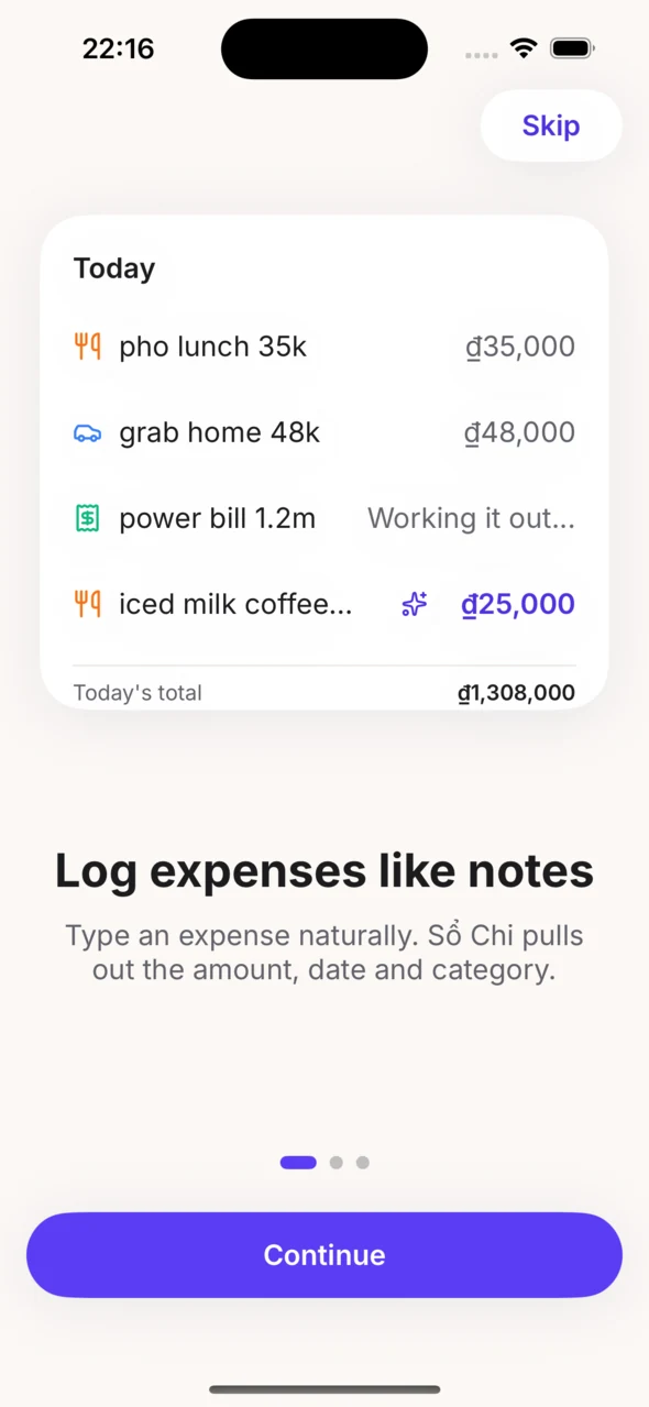 Screenshot: a Today list of typed rows — “pho lunch 35k”, “grab home 48k”, “power bill 1.2m” still working out, “iced milk coffee” — each with its parsed amount and the day's total, under the heading “Log expenses like notes”.