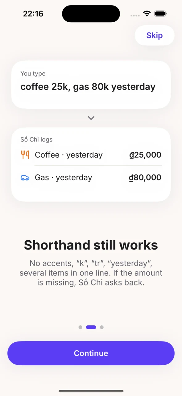 Screenshot: the note “coffee 25k, gas 80k yesterday” split into two logged expenses, Coffee 25,000 and Gas 80,000, under the heading “Shorthand still works”.