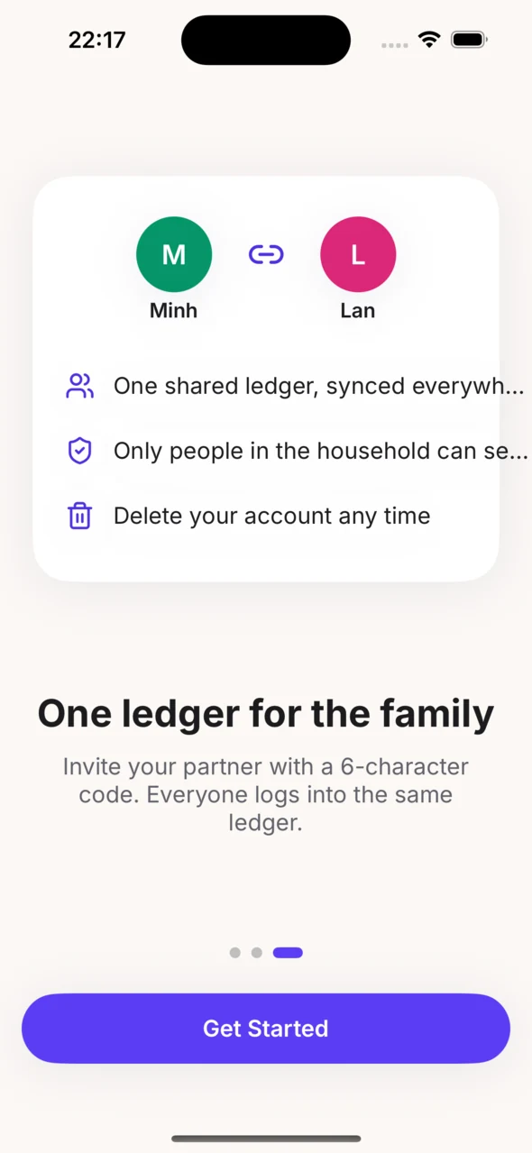 Screenshot: two members, Minh and Lan, linked into one ledger, with rows for a shared synced ledger, household-only access and deleting your account any time, under the heading “One ledger for the family”.
